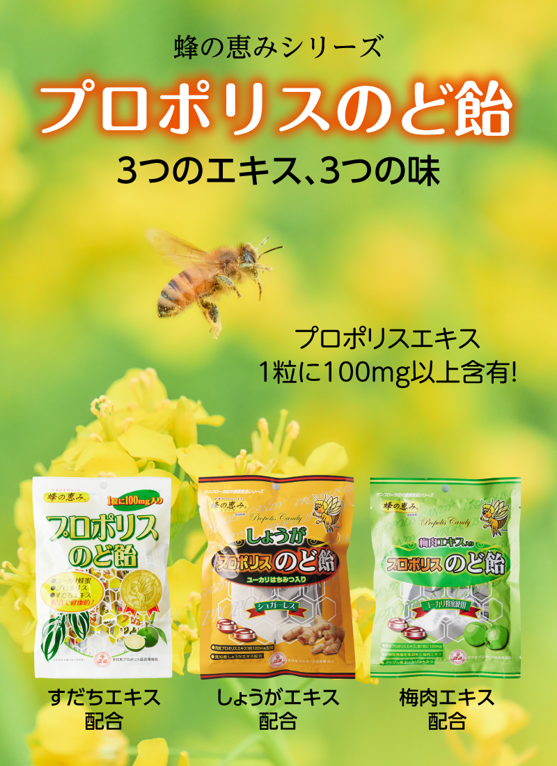 プロポリス入りのど飴　すだちエキス入り80g / しょうが入り 80g / 梅肉エキス入り 80g / 3種セット 80gx3